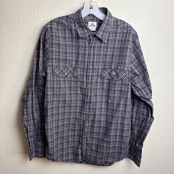 Lacoste Other - Lacoste 42 Mens Plaid Button Up Shirt L/S Flannel‎ Cotton Casual Brown Grey Top